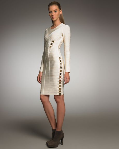 Hervé Léger Accented Longsleeve Bandage Dress in Gold (manila gold) - Lyst