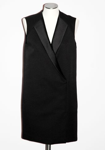  Sleeveless Tuxedo Dress with Combo Lapel 