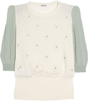 Miu Miu Cat Motif Beaded Fine-knit Cotton Sweater - Lyst