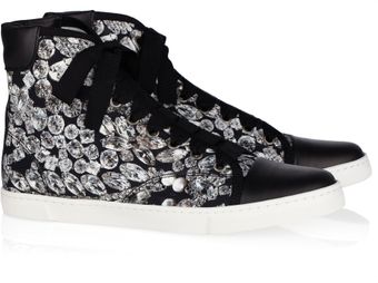 Lanvin Diamond-print Canvas and Leather High-top Sneakers - Lyst