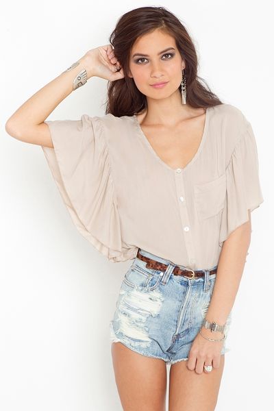 Nasty Gal Ruffled Batwing Blouse in Beige (cream) - Lyst