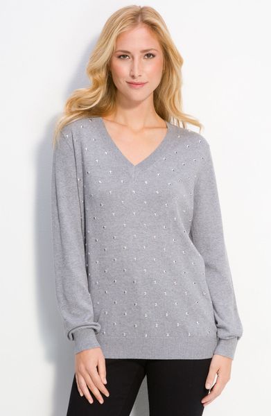 Michael Michael Kors Studded Trim V-neck Sweater in Gray (pearl ...