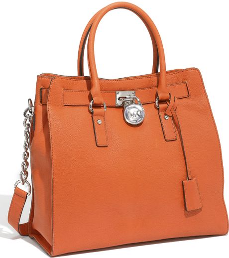 Michael By Michael Kors Hamilton Silvertone Chain  Large Vertical Tote in Brown (tangerine) - Lyst