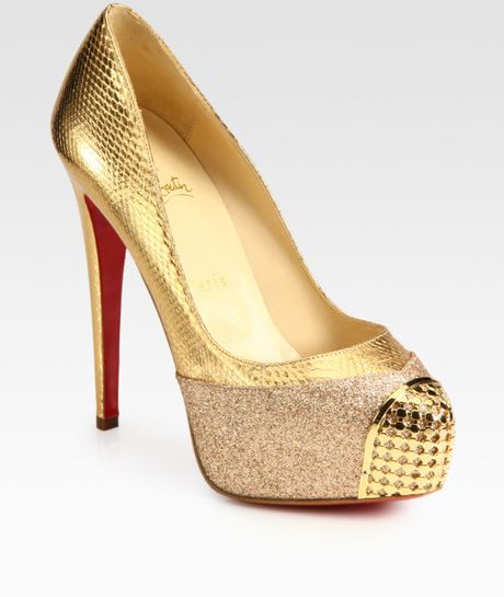 Christian Louboutin Maggie Glittercoated Metallic Snakeprint Leather Platform Pumps in Gold (nude) - Lyst