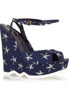 Yves Saint Laurent Riviera Starfish-print Canvas Wedge Sandals - Lyst