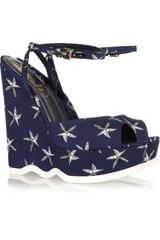 Yves Saint Laurent Riviera Starfish-print Canvas Wedge Sandals