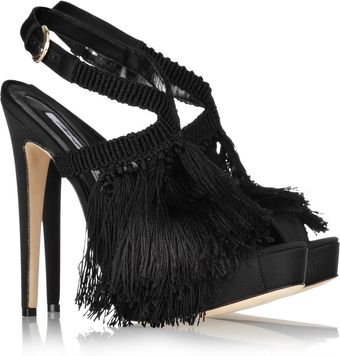 Brian Atwood Africa Satin and Fringed Crochet Sandals - Lyst