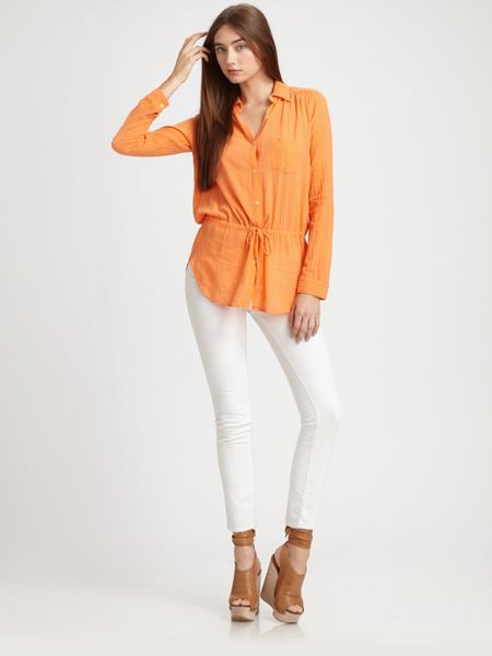 C&c California Cotton Drawstringwaist Blouse in Orange (white) - Lyst