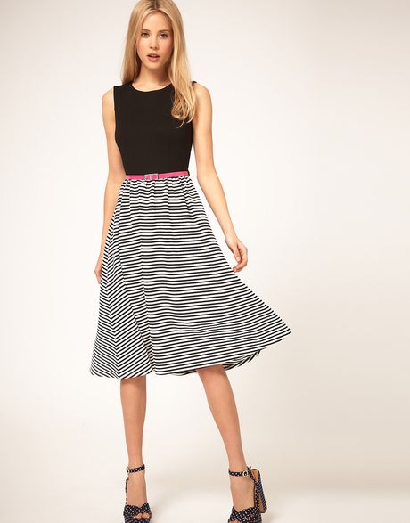 Asos Collection Asos Midi Stripe Skater Dress with Belt in Gray (blackcream) - Lyst