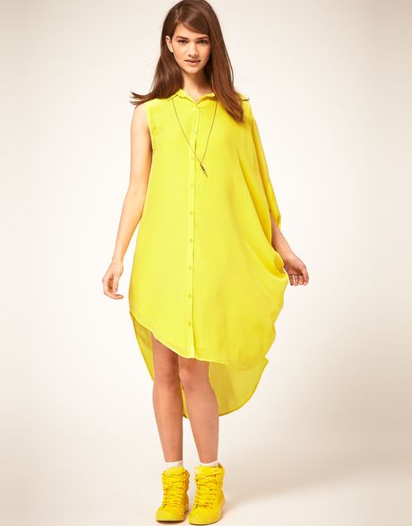 Asos Collection Asos Shirt Dress in Fluro Silk in Yellow | Lyst