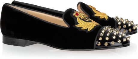 Christian Louboutin Intern Crested Velvet Loafers in Black (red) - Lyst