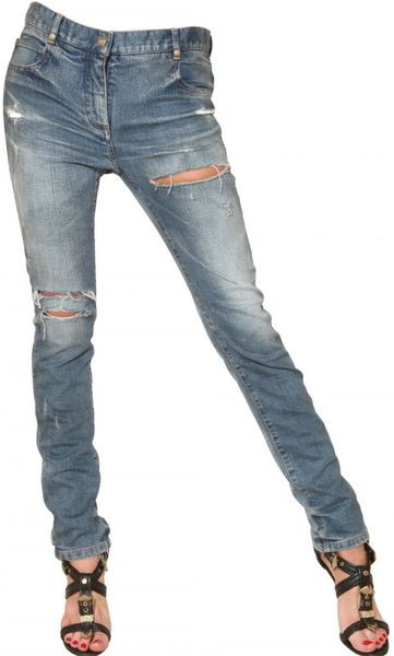 Balmain Destroyed Skinny Stretch Denim Jeans in Blue - Lyst