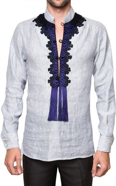 Roberto Cavalli Front Embroidery Striped Poplin Shirt in White for Men - Lyst