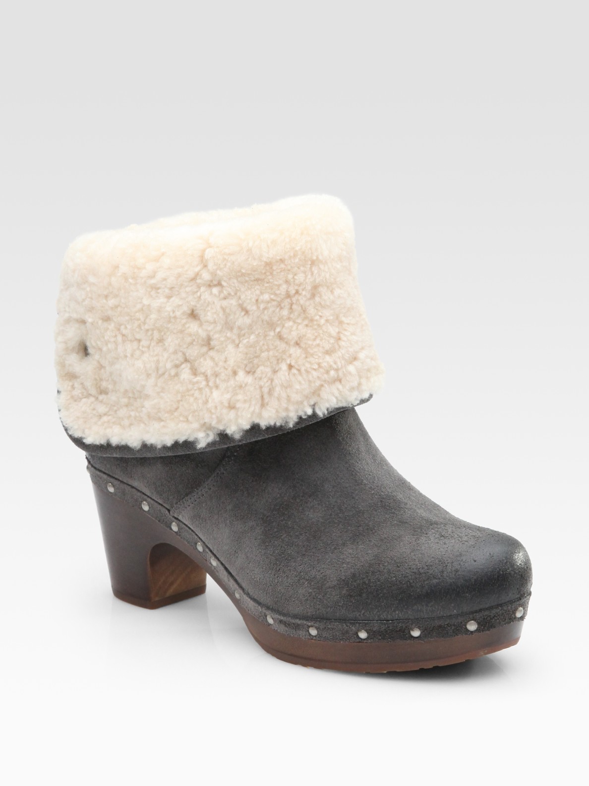 Ugg Lynnea Suede and Shearling Clog Ankle Boots in Gray (charcoal) | Lyst