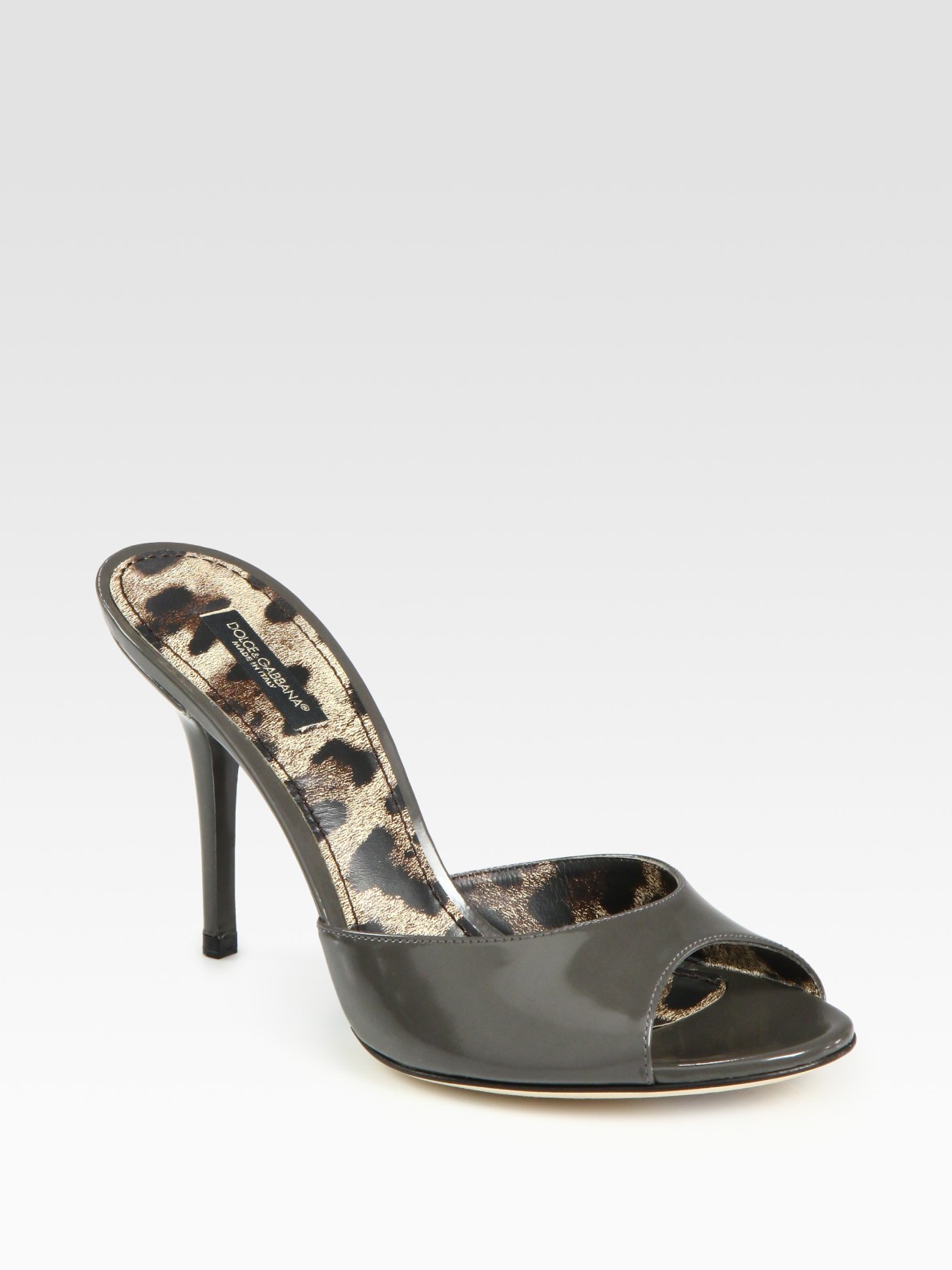 Dolce & Gabbana Classic Patent Leather Peep Toe Slides in Gray (grey
