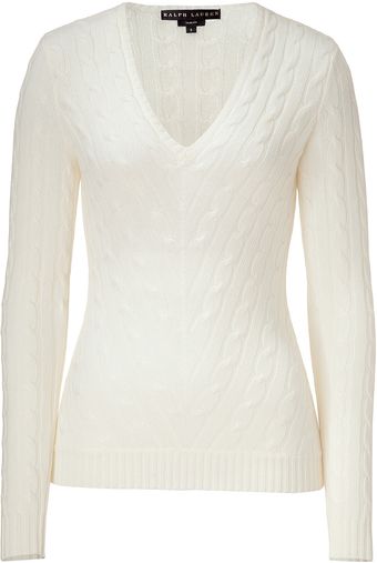  Ivory Cable Pattern V-neck Pullover 
