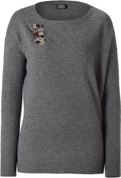 Steffen Schraut Flannel Beaded Shoulder Crew Neck Pullover in Gray (grey) - Lyst