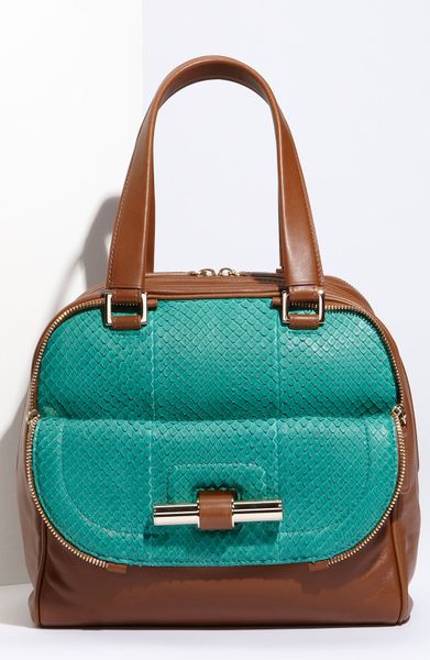 Jimmy Choo Justine  Small Calfskin Leather Satchel in Blue (tan/emerald) - Lyst