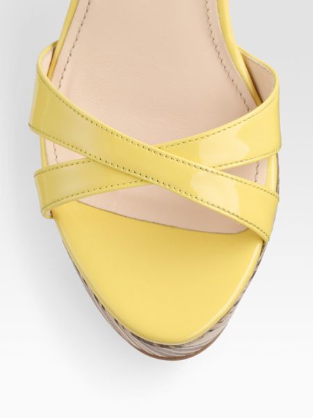 Prada Patent Leather and Wood Slingback Sandals in Yellow | Lyst