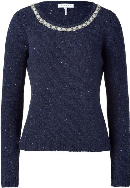 Sandro Navy Mélange Beaded Neck Sweater in Blue (navy) - Lyst
