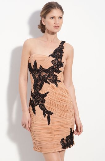 Sue Wong Ruched Mesh One Shoulder Sheath Dress - Lyst
