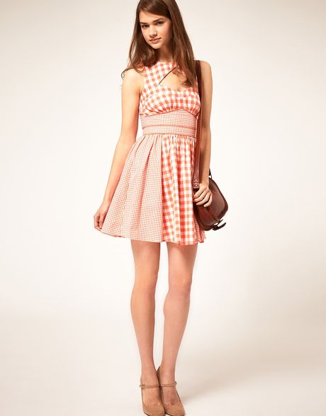 Asos Collection Summer Dress In Gingham Check in Pink (coral) | Lyst