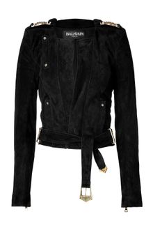 Balmain Black Cropped Suede Jacket with Belt - Lyst