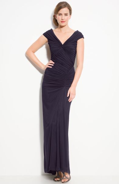Tadashi Shoji Ruched Mesh Gown in Purple (eggplant) - Lyst