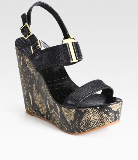 Tory Burch Angeline Snakeprint Leather Slingback Wedge Sandals in Black - Lyst