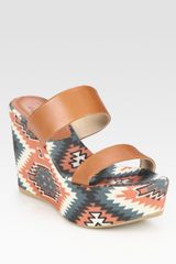 Theodora & Callum Tribalprint Leather Linen Wedge Sandals