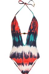 Milly Acapulco Printed Plunge-front Halterneck Swimsuit