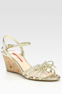 Prada Braided Metallic Leather Cork Wedge Sandals - Lyst