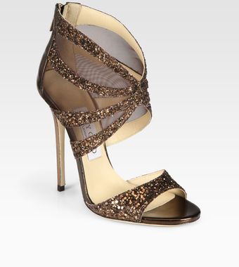 Jimmy Choo Leila Glitter-coated Metallic Leather and Mesh Sandals - Lyst
