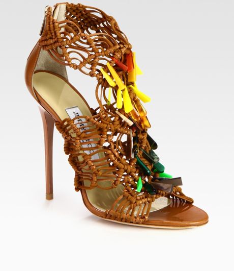 Jimmy Choo Beaded Woven Leather Sandals in Brown (tan) - Lyst