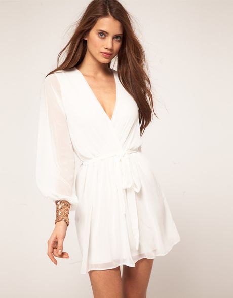 Asos Collection Asos Wrap Dress with Sequin Cuff in White (ivorygold)