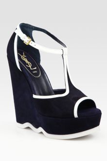 Yves Saint Laurent Suede & Leather T-strap Platform Wedge Sandals - Lyst