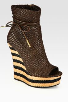 Burberry Prorsum Woven Leather Peep Toe Wedge Ankle Boots - Lyst
