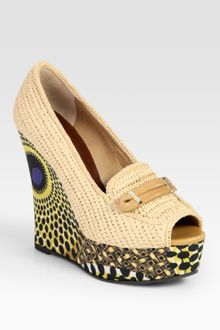Burberry Prorsum Raffia and Leather Printed Wedge Loafers - Lyst