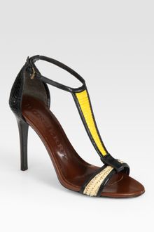 Burberry Raffia and Leather Colorblock T-strap Sandals - Lyst