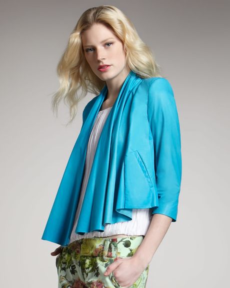 Alice + Olivia Colton Drapefront Leather Jacket in Blue (turquoise) - Lyst