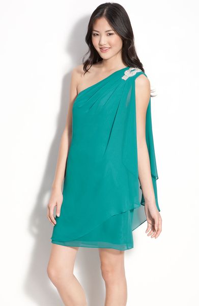 Js Boutique Embellished One Shoulder Chiffon Dress in Blue (bright peacock) - Lyst