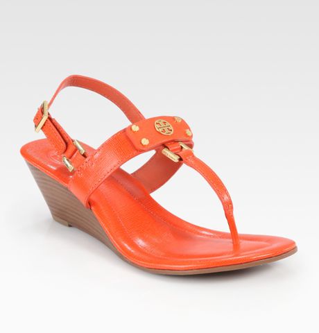 Tory Burch Robinson Leather Slingback Thong Wedge Sandals in Orange (luggage) - Lyst