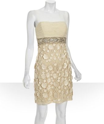  Champagne Flower Appliqué Beaded Strapless Dress 
