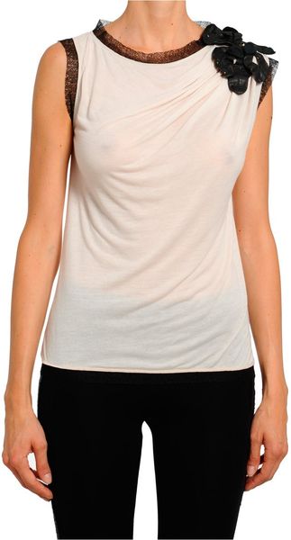 Amen Jersey Top Embroidered Flower and Lace Neckline in Beige - Lyst