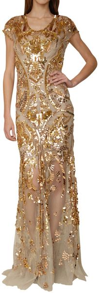 Roberto Cavalli Tulle Mermaid Dress with Golden Sequins Embrodery - Lyst