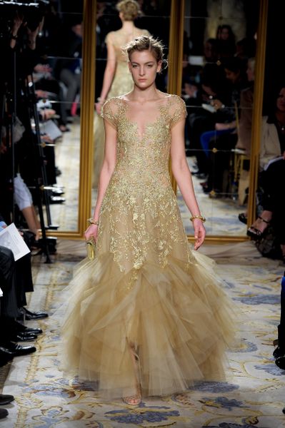 Marchesa Fall 2012 Nude Colour Sheer Tulle And Chiffon Gown With Short Sleeves And Golden Embroidery in Gold - Lyst