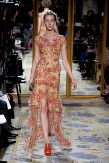Marchesa Fall 2012 Short Sleeve See Through Gown With Red Floral Embroidery In Beige - Lyst