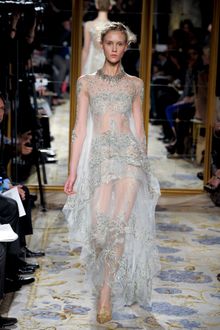 Marchesa Fall 2012 Long Sleeve See Through Evening Gown With Embroidery In Light Grey - Lyst