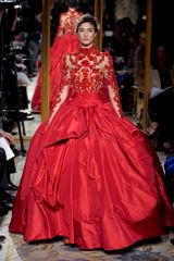 Marchesa Fall 2012 Long Sleeve Evening Gown With See Through Top Embroidered With Florals In Red
