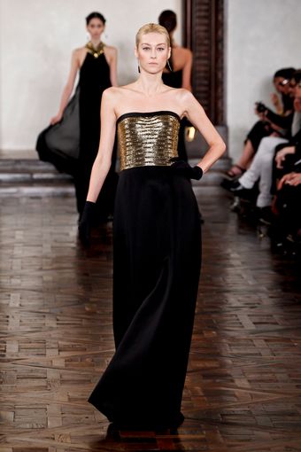 Ralph Lauren Fall 2012 Evening Gown With Golden Bustier Top And Black Velvet Skirt  - Lyst